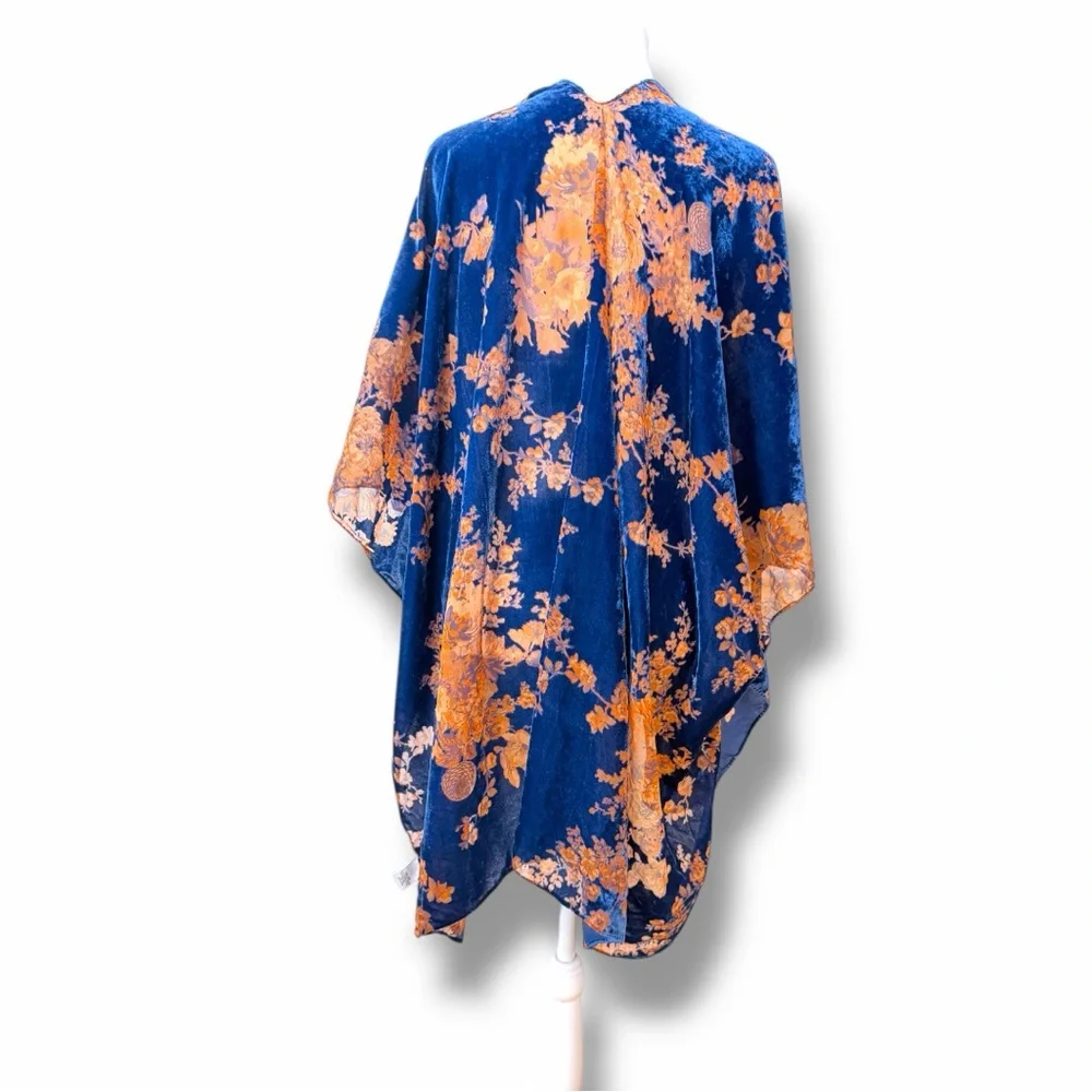 Francesca’s Boho Floral Burnout Velvet Kimono Navy & Rust OS - Picture 5 of 10
